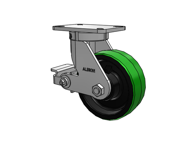 410 Series Top Plate Swivel Caster with 8 x 3 Green Tread on Black Cast Iron Core PY - Polyurethane (Cast Iron Core) Wheel and Poly Cam Brake