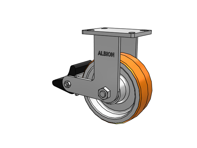 410 Series Top Plate Rigid Caster with 8 x 3 Red-Orange Tread on Cast Iron Core PY - Polyurethane 80A (Cast Iron Core) Wheel and Poly Lock Integrated Brake
