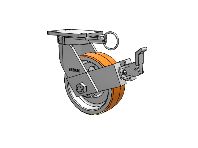 410 Series Top Plate Swivel Caster with 8 x 3 Red-Orange Tread on Cast Iron Core PY - Polyurethane 80A (Cast Iron Core) Wheel and Face Brake