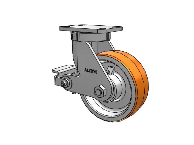410 Series Top Plate Swivel Caster with 8 x 3 Red-Orange Tread on Cast Iron Core PY - Polyurethane 80A (Cast Iron Core) Wheel and Poly Cam Brake