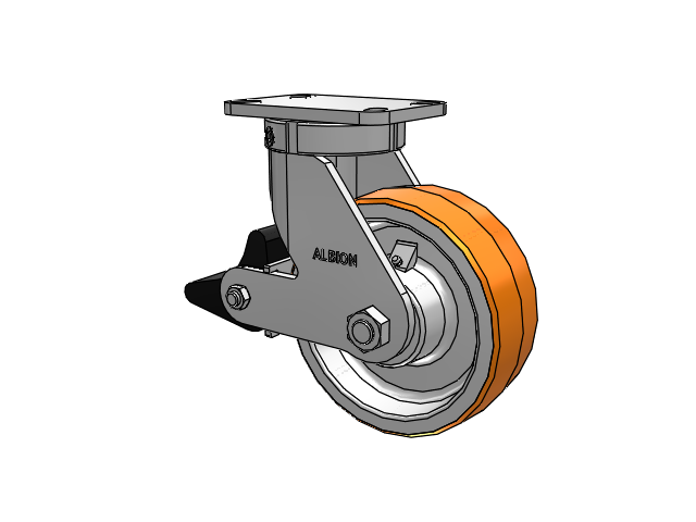 410 Series Top Plate Swivel Caster with 8 x 3 Red-Orange Tread on Cast Iron Core PY - Polyurethane 80A (Cast Iron Core) Wheel and Poly Lock Integrated Brake