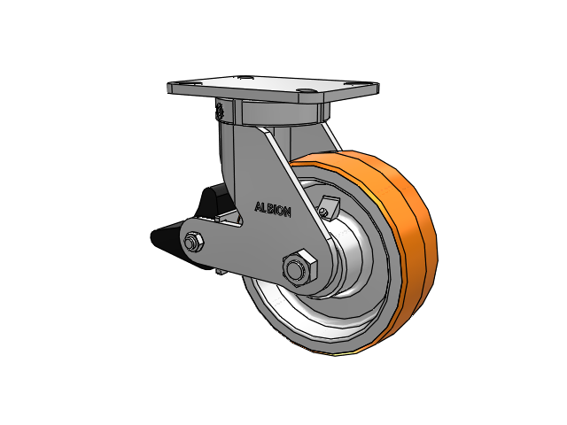 410 Series Top Plate Swivel Caster with 8 x 3 Red-Orange Tread on Cast Iron Core PY - Polyurethane 80A (Cast Iron Core) Wheel and Poly Lock Integrated Brake