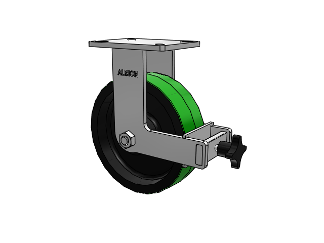 410 Series Top Plate Rigid Caster with 10 x 3 Green Tread on Black Cast Iron Core PY - Polyurethane (Cast Iron Core) Wheel and Face Brake