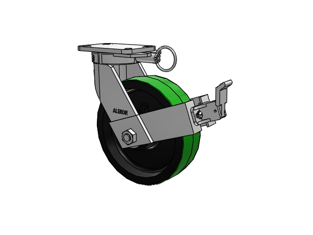 410 Series Top Plate Swivel Caster with 10 x 3 Green Tread on Black Cast Iron Core PY - Polyurethane (Cast Iron Core) Wheel and Face Brake