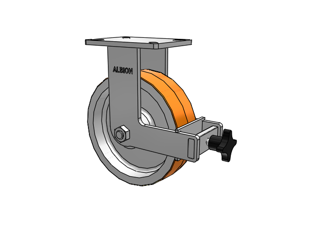 410 Series Top Plate Rigid Caster with 10 x 3 Red-Orange Tread on Cast Iron Core PY - Polyurethane 80A (Cast Iron Core) Wheel and Face Brake