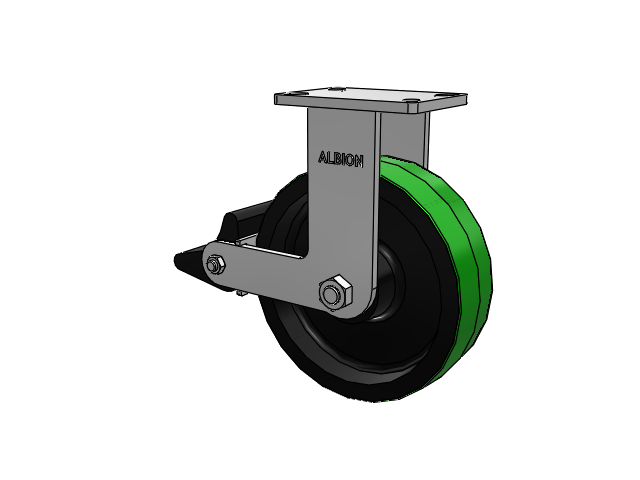 410 Series Top Plate Rigid Caster with 10 x 3 Green Tread on Black Cast Iron Core PY - Polyurethane (Cast Iron Core) Wheel and Poly Lock Integrated Brake