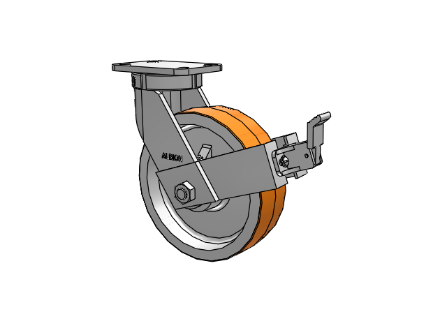 410 Series Top Plate Swivel Caster with 10 x 3 Red-Orange Tread on Cast Iron Core PY - Polyurethane 80A (Cast Iron Core) Wheel and Face Brake