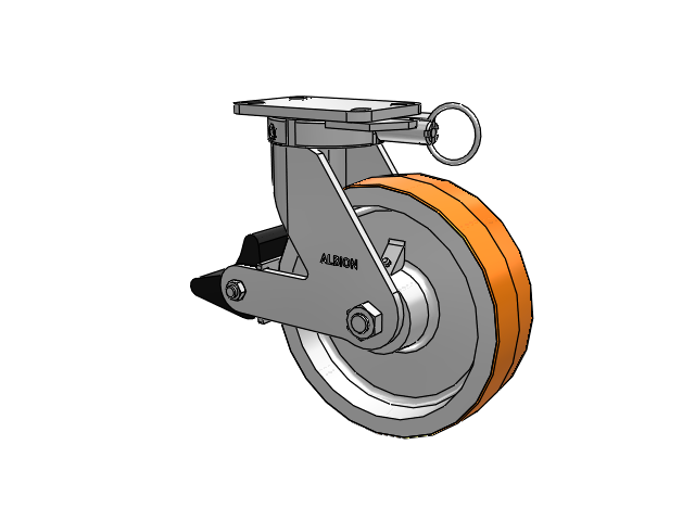 410 Series Top Plate Swivel Caster with 10 x 3 Red-Orange Tread on Cast Iron Core PY - Polyurethane 80A (Cast Iron Core) Wheel and Poly Lock Integrated Brake