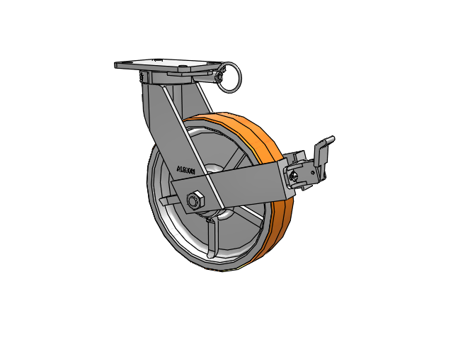 410 Series Top Plate Swivel Caster with 12 x 3 Red-Orange Tread on Cast Iron Core PY - Polyurethane 80A (Cast Iron Core) Wheel and Face Brake