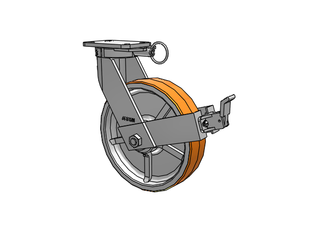 410 Series Top Plate Swivel Caster with 12 x 3 Red-Orange Tread on Cast Iron Core PY - Polyurethane 80A (Cast Iron Core) Wheel and Face Brake