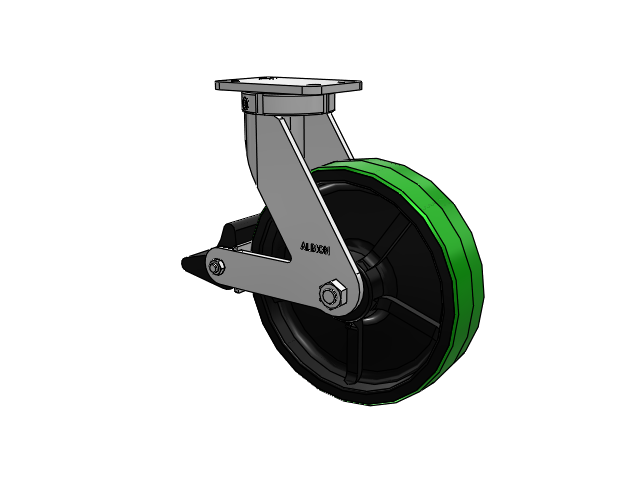 410 Series Top Plate Swivel Caster with 12 x 3 Green Tread on Black Cast Iron Core PY - Polyurethane (Cast Iron Core) Wheel and Poly Lock Integrated Brake