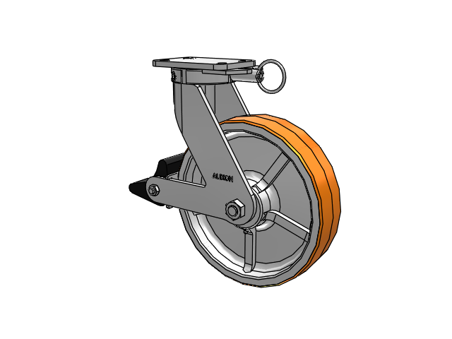410 Series Top Plate Swivel Caster with 12 x 3 Red-Orange Tread on Cast Iron Core PY - Polyurethane 80A (Cast Iron Core) Wheel and Poly Lock Integrated Brake