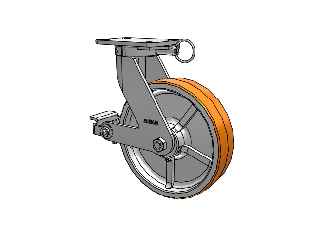 410 Series Top Plate Swivel Caster with 12 x 3 Red-Orange Tread on Cast Iron Core PY - Polyurethane 80A (Cast Iron Core) Wheel and Poly Cam Brake