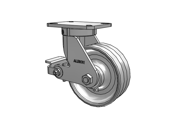 410 Series Top Plate Swivel Caster with 8 x 3 Clear Coat Enamel VF - Drop-Forged Steel V-Groove Wheel and Poly Cam Brake