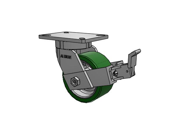 470 Series Top Plate Swivel Caster with 6 x 3 Green Tread on Aluminum Core PE - Polyurethane (Cast Iron Core) Wheel and Face Brake