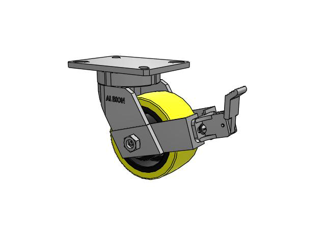 470 Series Top Plate Swivel Caster with 6 x 3 Yellow Tread on Black Cast Iron Core PF - Polyurethane (Heavy Duty Cast Iron Core) Wheel and Face Brake