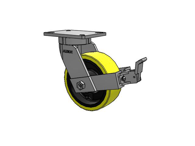 470 Series Top Plate Swivel Caster with 8 x 3 Yellow Tread on Black Cast Iron Core PF - Polyurethane (Heavy Duty Cast Iron Core) Wheel and Face Brake