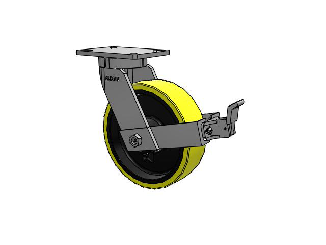 470 Series Top Plate Swivel Caster with 10 x 3 Yellow Tread on Black Cast Iron Core PF - Polyurethane (Heavy Duty Cast Iron Core) Wheel and Face Brake
