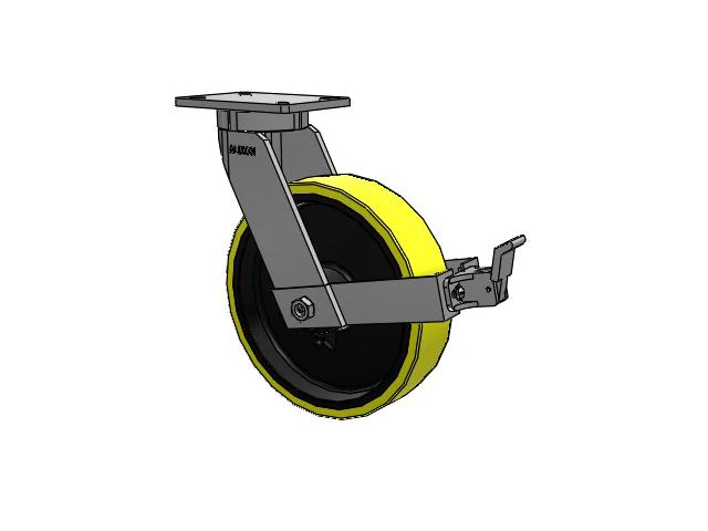 470 Series Top Plate Swivel Caster with 12 x 3 Yellow Tread on Black Cast Iron Core PF - Polyurethane (Heavy Duty Cast Iron Core) Wheel and Face Brake