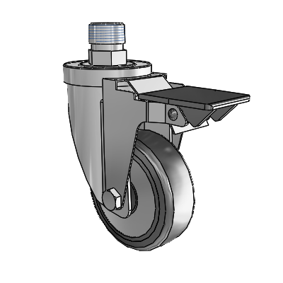 30 Series Pipe Thread Stem Zinc Swivel Caster with 5 x 1.25 Hard Rubber (+ Side Plates) Wheel and PosiLoc Brake