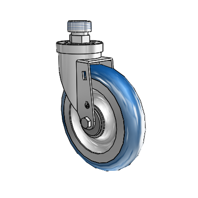 Roulette pivotante en zinc à tige filetée de la série 30, équipée d'une roue PolyLoc (bleue) de 6 x 1,25