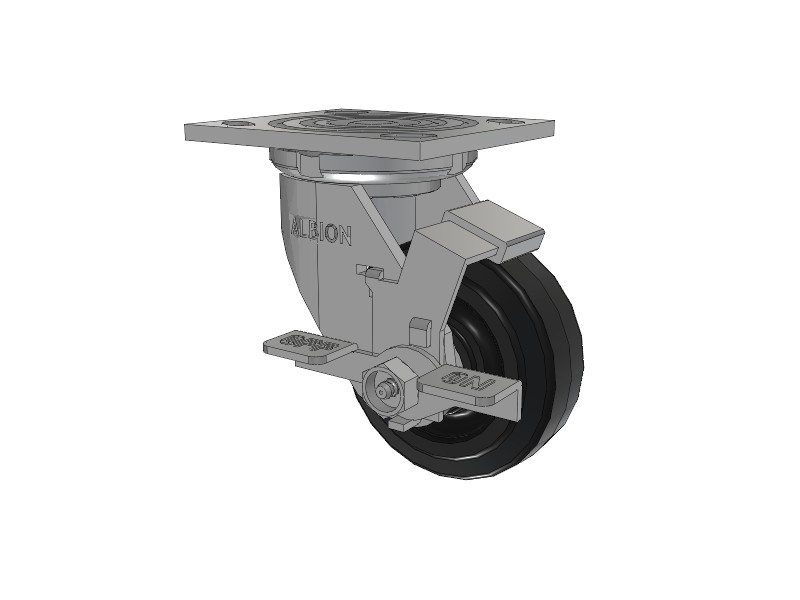 16 Series Top Plate Swivel Caster with 4 x 1.5 Black Tread on Black Enamel Core MR - Moldon Rubber (Cast Iron Core) Wheel and Face Brake