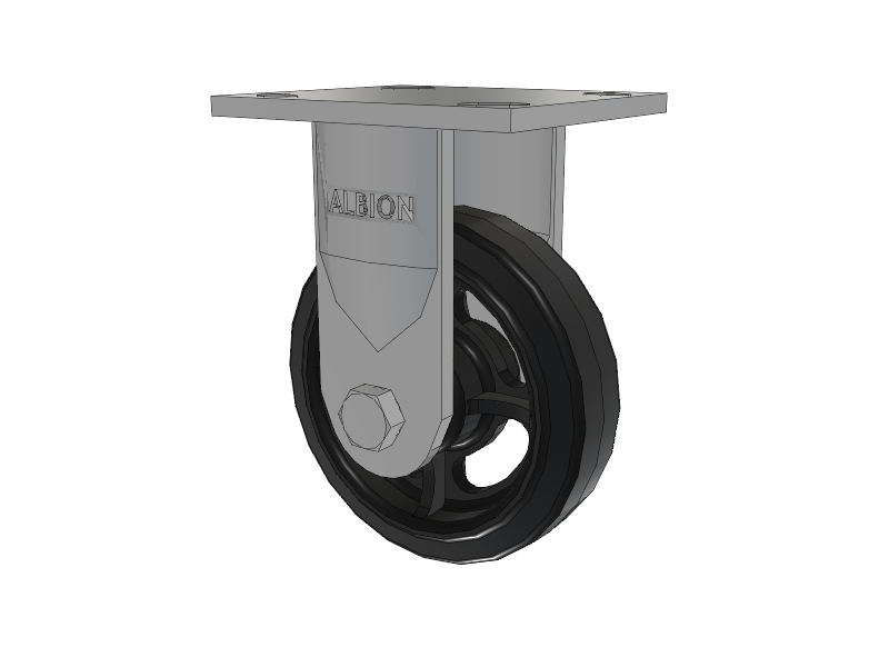 16 Series Top Plate Rigid Caster with 5 x 1.5 Black Tread on Black Enamel Core MR - Moldon Rubber (Cast Iron Core) Wheel