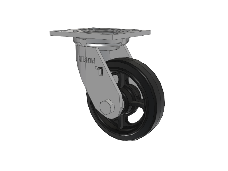 16 Series Top Plate Swivel Caster with 5 x 1.5 Black Tread on Black Enamel Core MR - Moldon Rubber (Cast Iron Core) Wheel