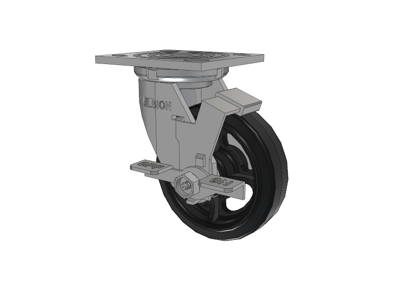 16 Series Top Plate Swivel Caster with 5 x 1.5 Black Tread on Black Enamel Core MR - Moldon Rubber (Cast Iron Core) Wheel and Face Brake