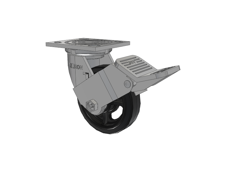 16 Series Top Plate Swivel Caster with 5 x 1.5 Black Tread on Black Enamel Core MR - Moldon Rubber (Cast Iron Core) Wheel and Face Brake