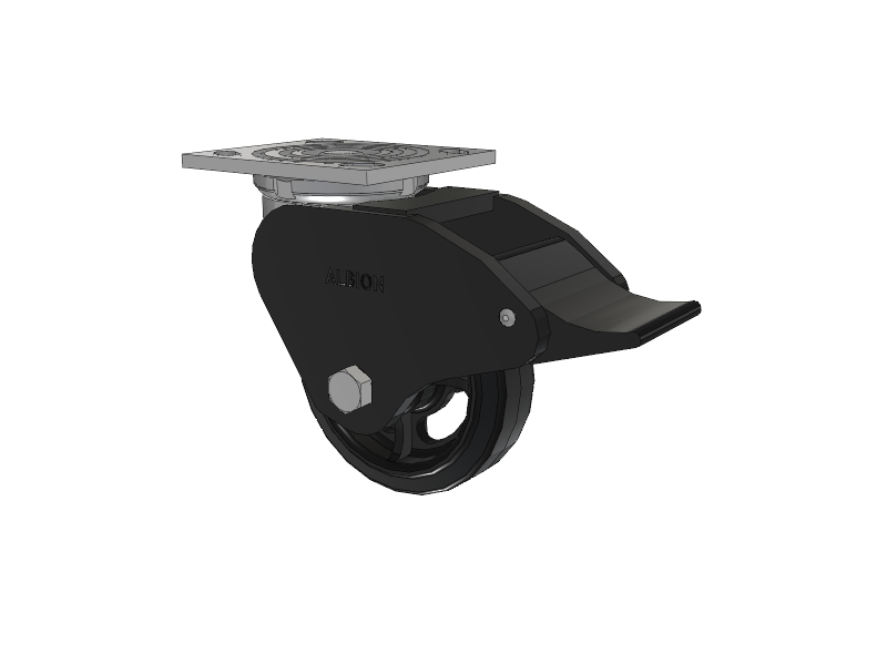 16 Series Top Plate Swivel Caster with 5 x 1.5 Black Tread on Black Enamel Core MR - Moldon Rubber (Cast Iron Core) Wheel and Total Lock Brake