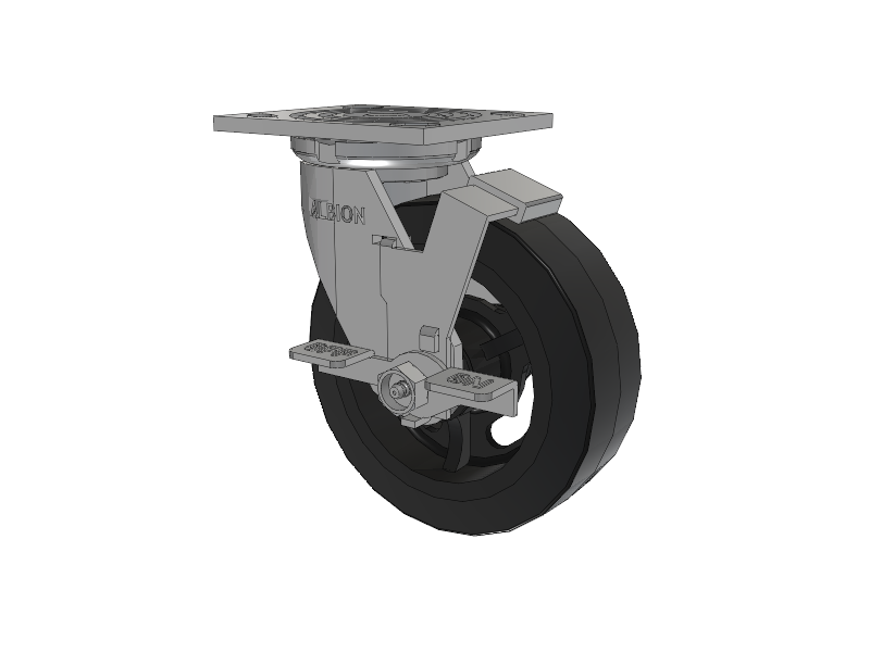 16 Series Top Plate Swivel Caster with 6 x 2 Black Tread on Black Enamel Core MR - Moldon Rubber (Cast Iron Core) Wheel and Face Brake