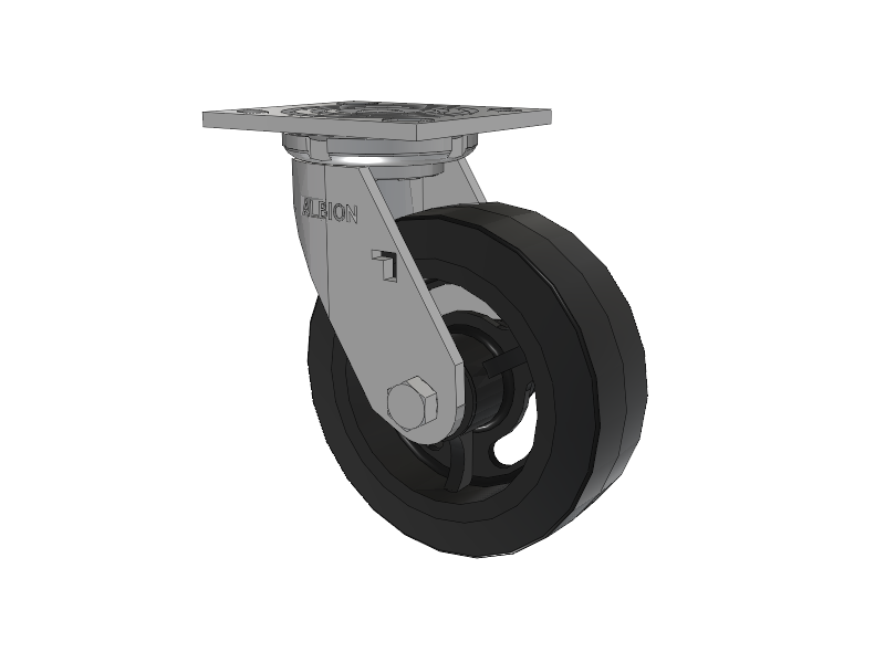Roulette pivotante à plaque supérieure de la série 16, avec bande de roulement noire 6 x 2 sur noyau émaillé noir MR - Moldon Rubber (noyau en fonte)