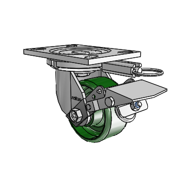 6 Series Casters Top Plate Swivel Zinc Caster with 4 x 2 Green Cast Iron Wheel and Tread Lock Brake