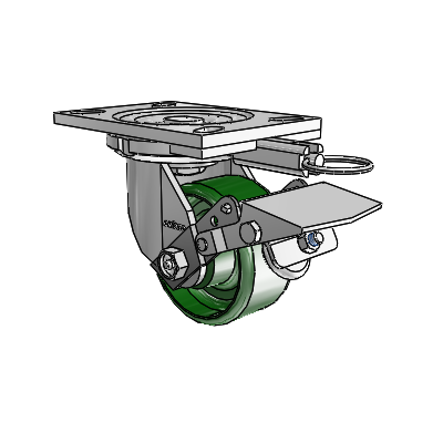 6 Series Casters Top Plate Swivel Zinc Caster with 4 x 2 Green Cast Iron Wheel and Tread Lock Brake