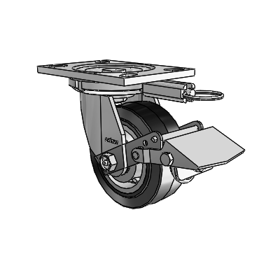 6 Series Casters Top Plate Swivel Zinc Caster with 5 x 2 Black on Grey Performa Rubber (Flat/Black) Wheel and Tread Lock Brake