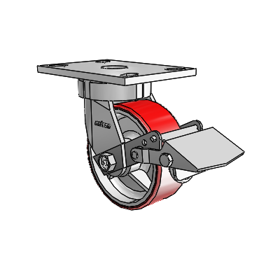 6 Series Kingpinless Casters Top Plate Swivel Caster with 5 x 2 Moldon Polyurethane (Cast Iron Core) Wheel and Tread Lock Brake
