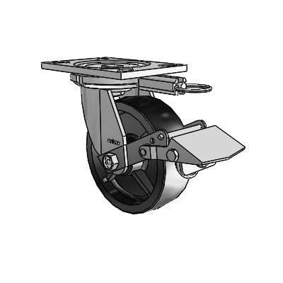 Roulettes de la série 6 : roulette pivotante à plaque supérieure en zinc, équipée de 6 roues noires en polyoléfine de 2 et d'un frein à blocage de la bande de roulement