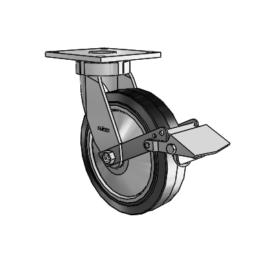 6 Series Kingpinless Casters Top Plate Swivel Caster with 8 x 2 Performa Rubber (Flat/Black) Wheel and Tread Lock Brake