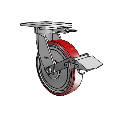 6 Series Kingpinless Casters Top Plate Swivel Caster with 8 x 2 Moldon Polyurethane (Aluminum Core) Wheel and Tread Lock Brake