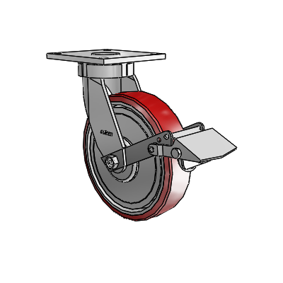 6 Series Kingpinless Casters Top Plate Swivel Caster with 8 x 2 Moldon Polyurethane (Aluminum Core) Wheel and Tread Lock Brake
