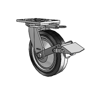 6 Series Casters Top Plate Swivel Zinc Caster with 8 x 2 Black on Grey Performa Rubber (Flat/Black) Wheel and Tread Lock Brake