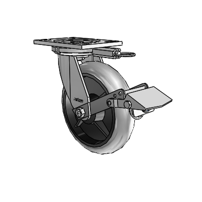 6 Series Casters Top Plate Swivel Zinc Caster with 8 x 2 Grey on Grey Performa Rubber (Round/Conductive) Wheel and Tread Lock Brake