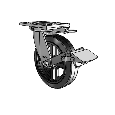 6 Series Casters Top Plate Swivel Zinc Caster with 8 x 2 Black on Black MR - Moldon Rubber (Cast Iron Core) Wheel and Tread Lock Brake