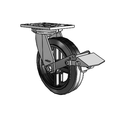 6 Series Casters Top Plate Swivel Zinc Caster with 8 x 2 Black on Black MR - Moldon Rubber (Cast Iron Core) Wheel and Tread Lock Brake
