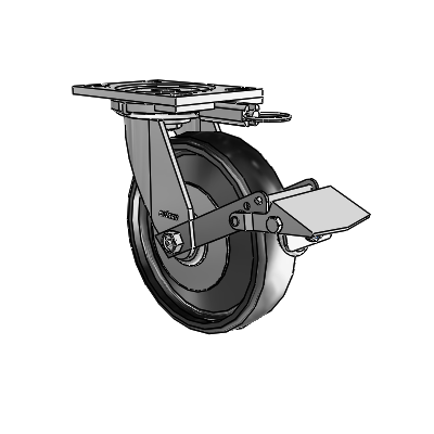 6 Series Casters Top Plate Swivel Zinc Caster with 8 x 2 Black Endura Solid Elastomer Wheel and Tread Lock Brake