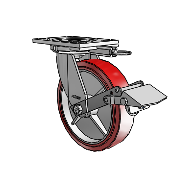6 Series Casters Top Plate Swivel Zinc Caster with 8 x 2 Maroon on Grey Polyurethane HI-TECH Wheel and Tread Lock Brake