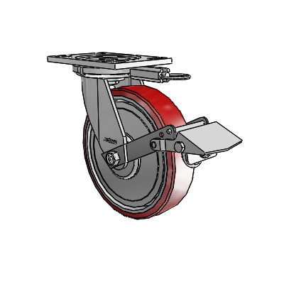 6 Series Casters Top Plate Swivel Zinc Caster with 8 x 2 Maroon on Silver Moldon Polyurethane (Aluminum Core) Wheel and Tread Lock Brake