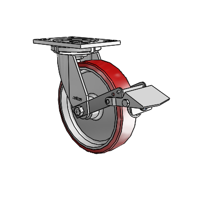 6 Series Casters Top Plate Swivel Zinc Caster with 8 x 2 Maroon on Silver Moldon Polyurethane (Aluminum Core) Wheel and Tread Lock Brake