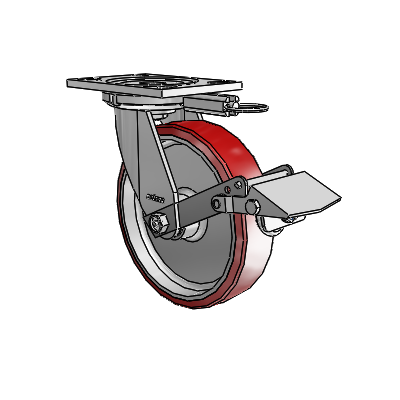 6 Series Casters Top Plate Swivel Zinc Caster with 8 x 2 Maroon on Silver Moldon Polyurethane (Aluminum Core) Wheel and Tread Lock Brake